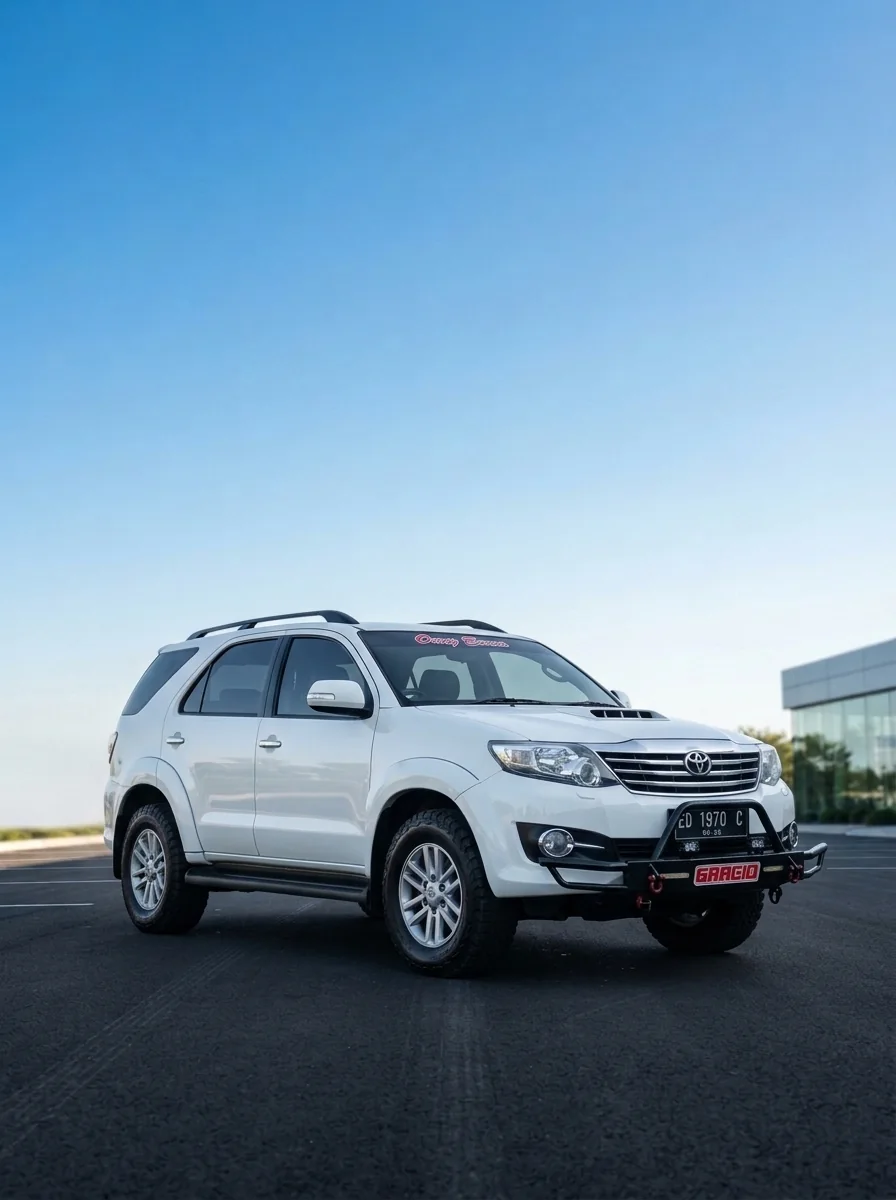 Toyota Fortuner putih dengan bumper depan di area parkir saat langit cerah